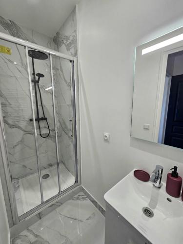 a white bathroom with a shower and a sink at Maison spacieuse jardin Transat - Parking gratuit in Saint-Michel