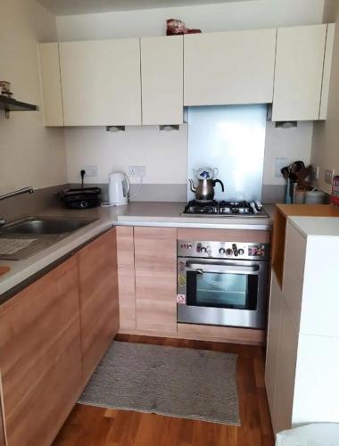 a kitchen with white cabinets and a stove top oven at Cosy private room in Streatham Hill