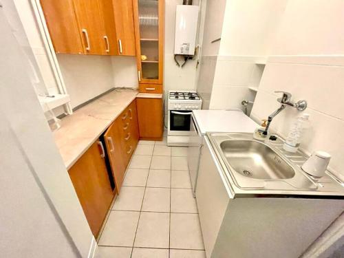 uma pequena cozinha com um lavatório e um fogão em MIESZKANIE W IDEALNEJ LOKALIZACJI em Sosnowiec