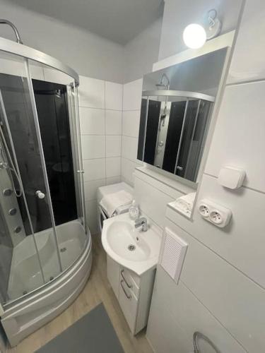 baño blanco con ducha y lavamanos en MIESZKANIE W IDEALNEJ LOKALIZACJI en Sosnowiec