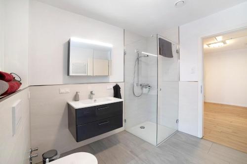 a white bathroom with a sink and a shower at Ferienwohnung Leineufer in Friedland