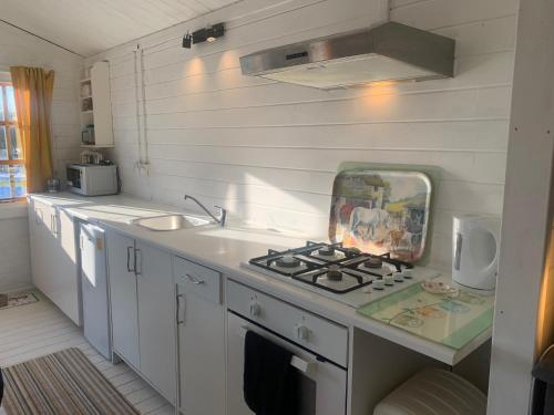 a white kitchen with a stove and a sink at Owls Nest Log Cabin in Morpeth