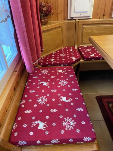 a small room with a red carpet with white flowers at I Larici - Appartamento per sognare in Alpe Devero