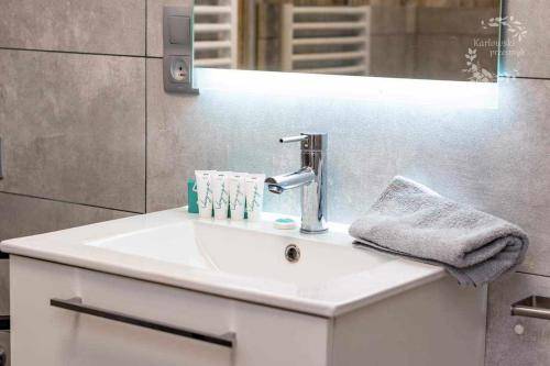 a bathroom with a white sink and a mirror at Karłowski Przesmyk in Grabowo