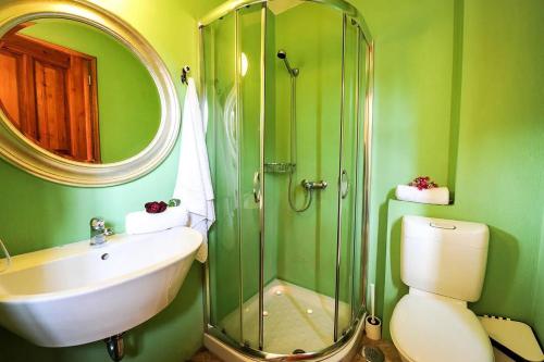 a green bathroom with a sink and a shower at Agathi Cottage in Longos