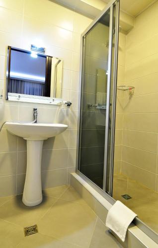 a bathroom with a sink and a shower at Hotel Doesi in Tbilisi City