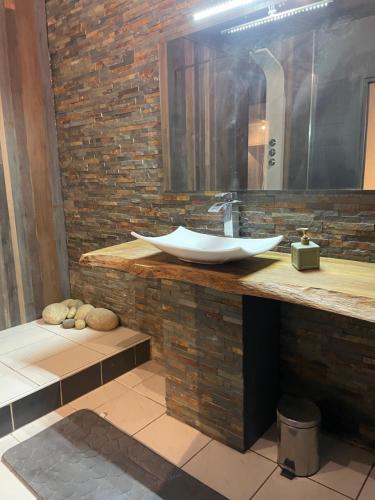 a bathroom with a sink and a mirror at Agréable bastide provençale avec piscine in Barcelonne