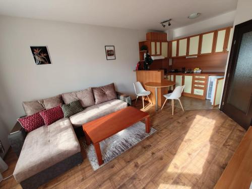 a living room with a couch and a table and a kitchen at Уютная квартира в комплексе Snow Lodge in Bansko