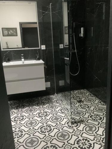 een badkamer met een douche, een wastafel en een spiegel bij LA MANSARDE in Aix-les-Bains