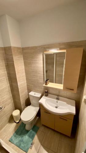 a bathroom with a toilet and a sink and a mirror at CENTRAL APARTMENT PORTOHELI 1 in Porto Heli