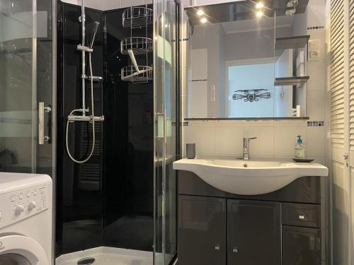 une salle de bain avec un lavabo et une douche en verre dans l'établissement 470 - Appartement accès direct à la très belle plage de CAROUAL 2km de sable fin, à Erquy