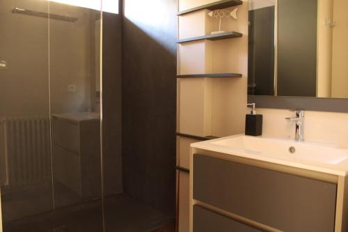 uma casa de banho com uma cabina de duche em vidro e um lavatório. em 503 - Belle maison à Erquy à proximité du port et face à la plage em Erquy