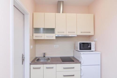 a small kitchen with a sink and a microwave at Apartments Lena & Lara in Dubrovnik