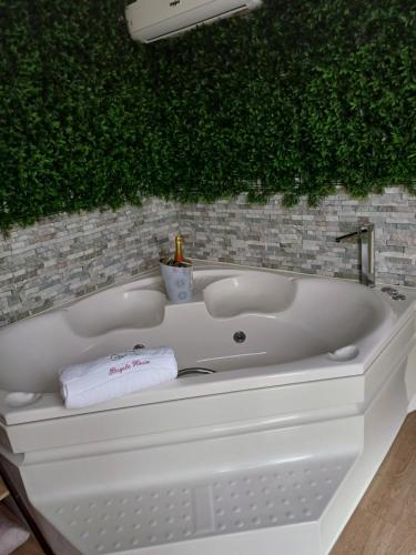 a white bath tub with a green wall at Bicycle House in Felgueiras