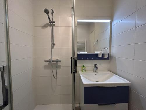une salle de bain avec douche et lavabo dans l'établissement 541 - Studio en rez-de-jardin à quelques pas de la plage, à Erquy