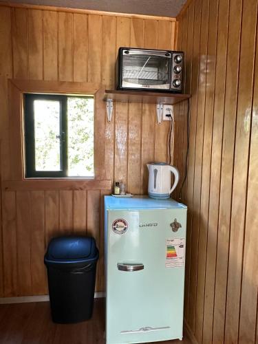 a small kitchen with a refrigerator and a microwave at Cabañas Kuyén Austral in Hornopiren