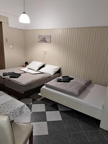 two beds in a room with a checkered floor at Dunaparti Tímár Villa in Vác