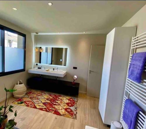 a bathroom with a sink and a large mirror at Maison d architecte Bruges/piscine chauffée/Tram D in Bruges