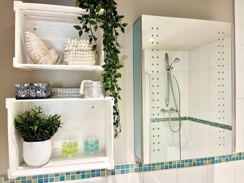 a bathroom with a shower and a white cabinet at Historic Malmesbury - Delightful home with parking in Malmesbury