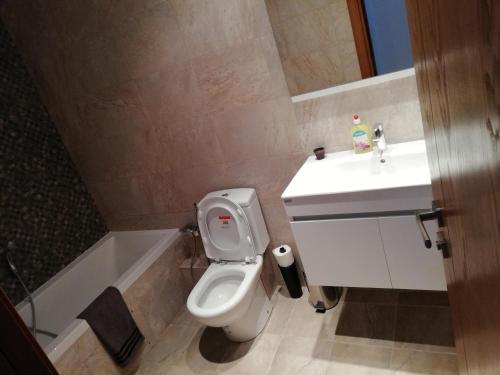 La salle de bains est pourvue de toilettes blanches et d'un lavabo. dans l'établissement appartement florence, à Tunis