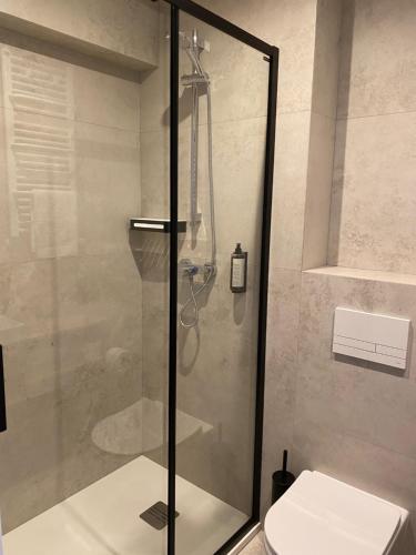 a bathroom with a glass shower with a toilet at Apartamenty Wolności 6 self check-in 24h in Poznań