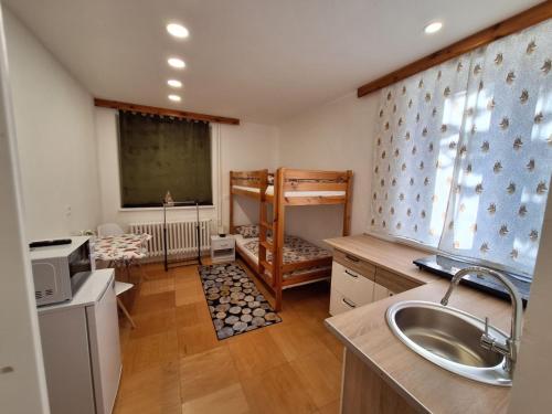 eine Küche mit einem Waschbecken, einem Fenster und einem Tisch in der Unterkunft Privat Tatry Dreams in Nová Lesná