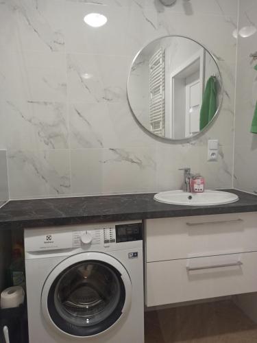 a bathroom with a washing machine and a mirror at Apartament Czartoryskich House z miejscem postojowym in Puławy