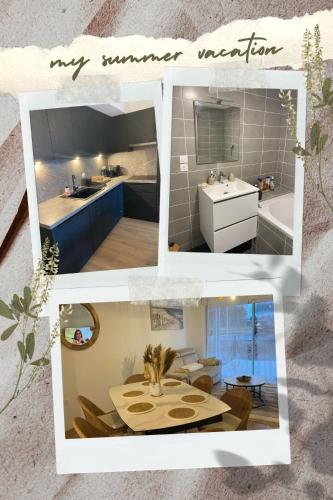 un collage de trois photos d'une cuisine et d'une salle de bains dans l'établissement Vagues d'Opale, à Camiers