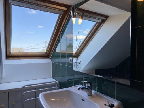 une salle de bain avec un lavabo, un miroir et une fenêtre dans l'établissement 950 - Charmante maison de famille située à La Bouillie, à La Bouillie