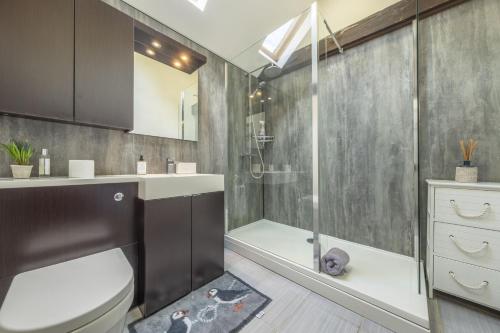 a bathroom with a shower and a toilet and a sink at The Granary in Oulton