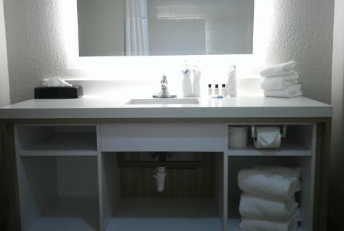 a white bathroom sink with a mirror and towels at Wyndham Garden Detroit Metro Airport in Romulus