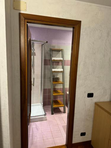 a bathroom with a shower and a glass door with a ladder at Appartamento Roma montesacro in Rome