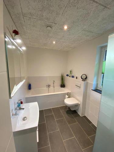 a bathroom with a tub and a toilet and a sink at NEU! Modernes Ferienhaus Schwanbeck in Dassow