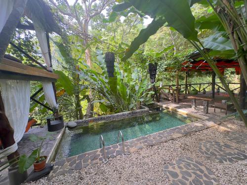 uma piscina no meio de um jardim em Canaima Chill House em Santa Teresa