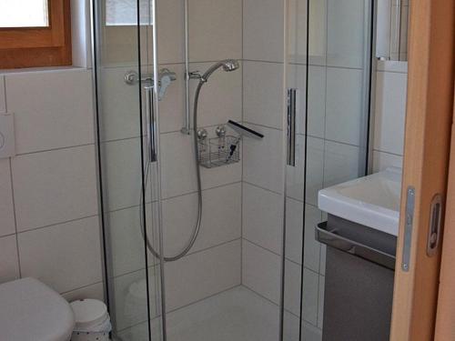 ein Bad mit einer Dusche, einem WC und einem Waschbecken in der Unterkunft Ferienwohnung Steinideen in Meiringen
