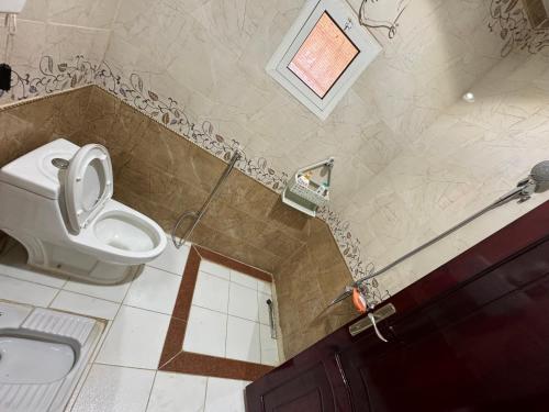 ein Bad mit einem WC und einem Waschbecken in der Unterkunft شاليه مجهز بالكامل مسبح وملعب و حديقه هادئه بضباء in Ḑubā