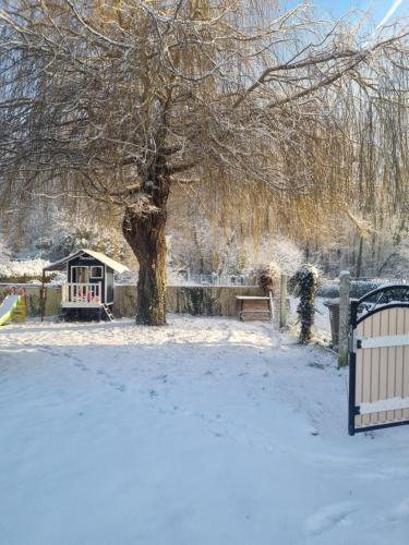 a snow covered yard with a tree and a house at A la casa de papel in Neuilly-sous-Clermont