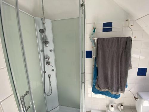 La salle de bains est pourvue d'une douche et d'une serviette. dans l'établissement 761 - Maison individuelle, dans une résidence privée avec piscine, disposant d'un jardin plein sud sans vis-à-vis, à Erquy