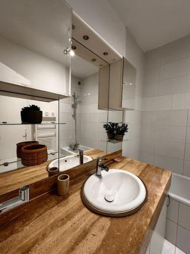 une salle de bain avec un lavabo et un miroir dans l'établissement Charmant appartement Proche plage 4P avec jardin, à Marseille