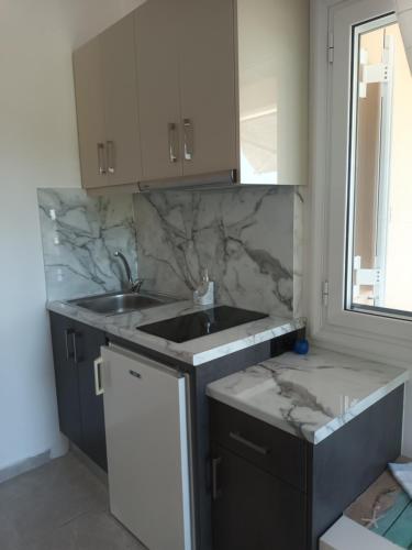 a kitchen with a sink and a counter at Charoula's Apartments in Syvota