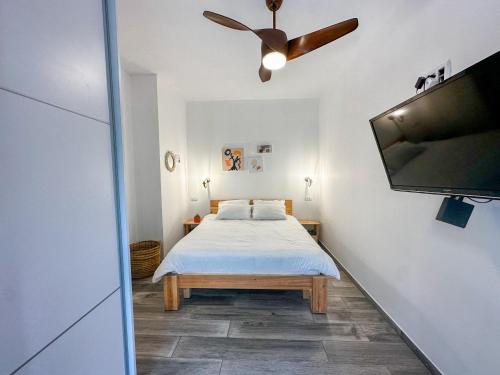 Schlafzimmer mit einem Bett und einem Flachbild-TV in der Unterkunft Gilboa cliffs- boutique suite in Nurit