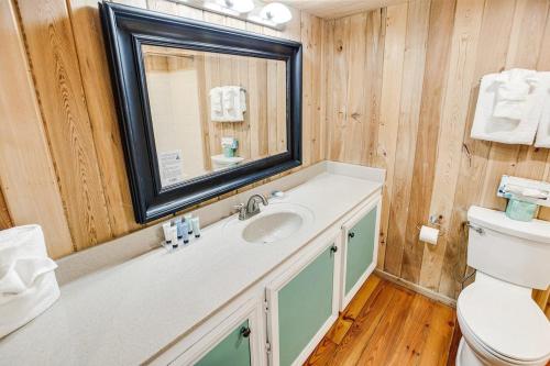 um banheiro com uma pia, um vaso sanitário e um espelho em 2nd Floor Oceanfront King Room Tower em Pawleys Island