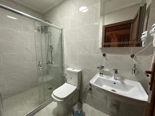 a bathroom with a shower and a toilet and a sink at Gür Royal Suit Aparts in Istanbul