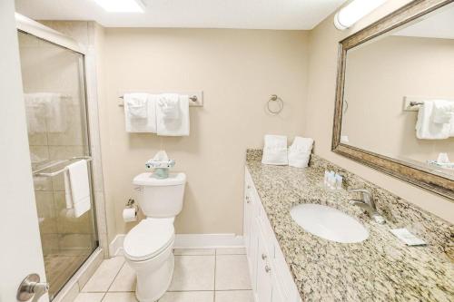 a bathroom with a toilet and a sink and a mirror at Beachy 5th Floor Oceanfront Room in Pawleys Island