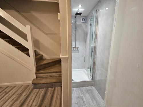een badkamer met een trap met een douche en een toilet bij London Mile End Rooms in Londen