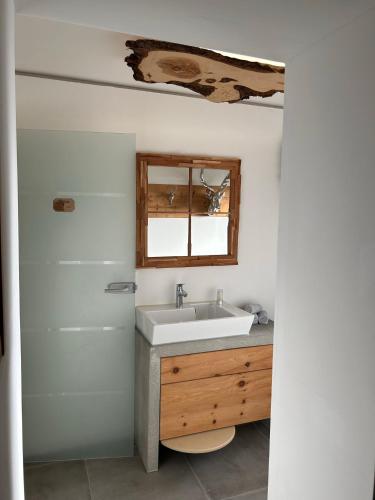 a bathroom with a sink and a window at Ferienwohnung im Usseltal - Zirben Spa - Monheimer Alb - Altmühltal - Familie Geyer Daiting in Monheim