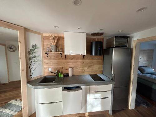 a kitchen with a sink and a refrigerator at Ferienwohnung im Usseltal - Zirben Spa - Monheimer Alb - Altmühltal - Familie Geyer Daiting in Monheim