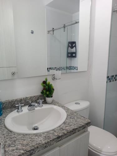a bathroom with a sink and a toilet and a mirror at AQUAVALE - Apartamento Vacacional en Girardot in Girardot