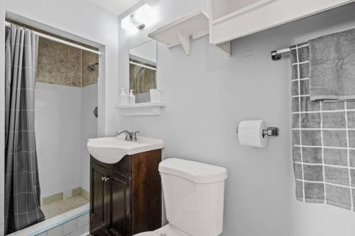 a bathroom with a toilet and a sink and a shower at Charming retro property! in Sparks