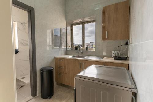 eine kleine Küche mit Spüle und Fenster in der Unterkunft Luxurious Beach Apartment in Birżebbuġa